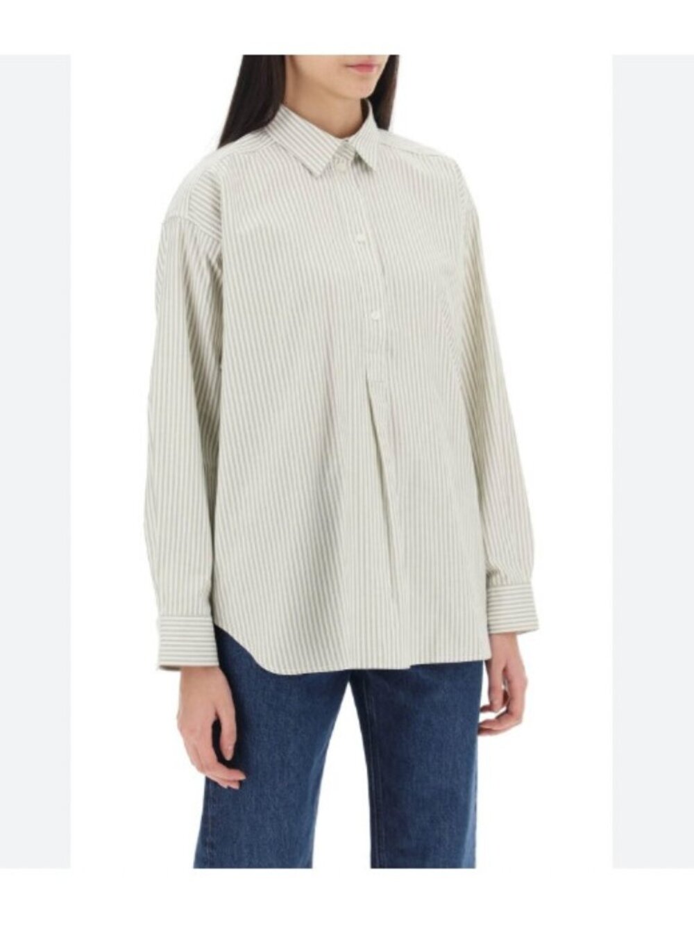 Toteme Shirt Womens Large Green Stripe Organic Cotton Half Placket Top